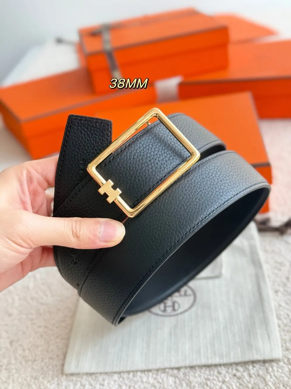 Hermes Black Tube H Leather Belt - Hình 3