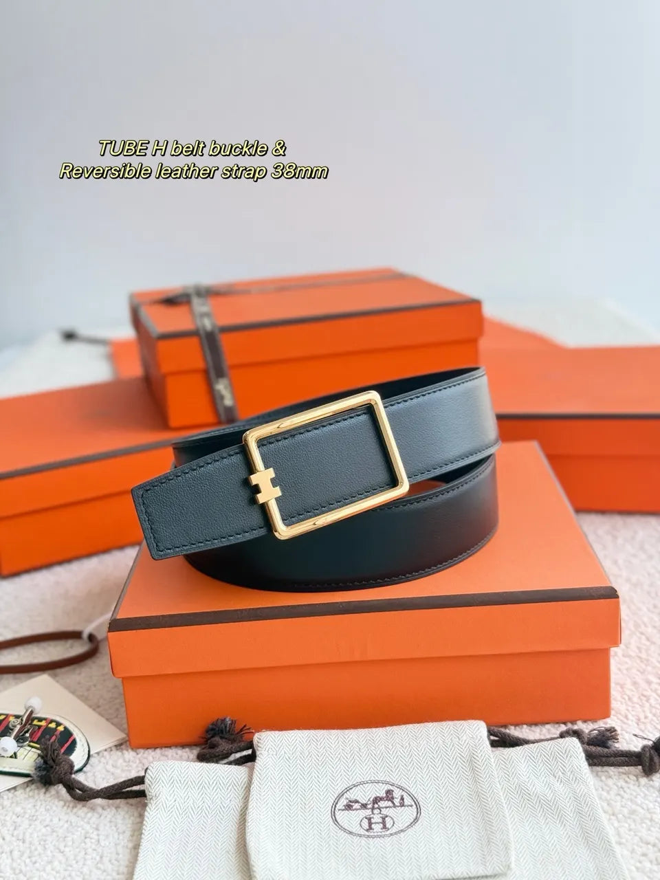 Hermes Black Tube H Leather Belt - Hình 4