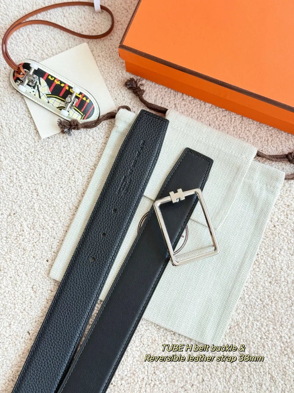 Hermes Black Leather Tube H Buckle Belt
