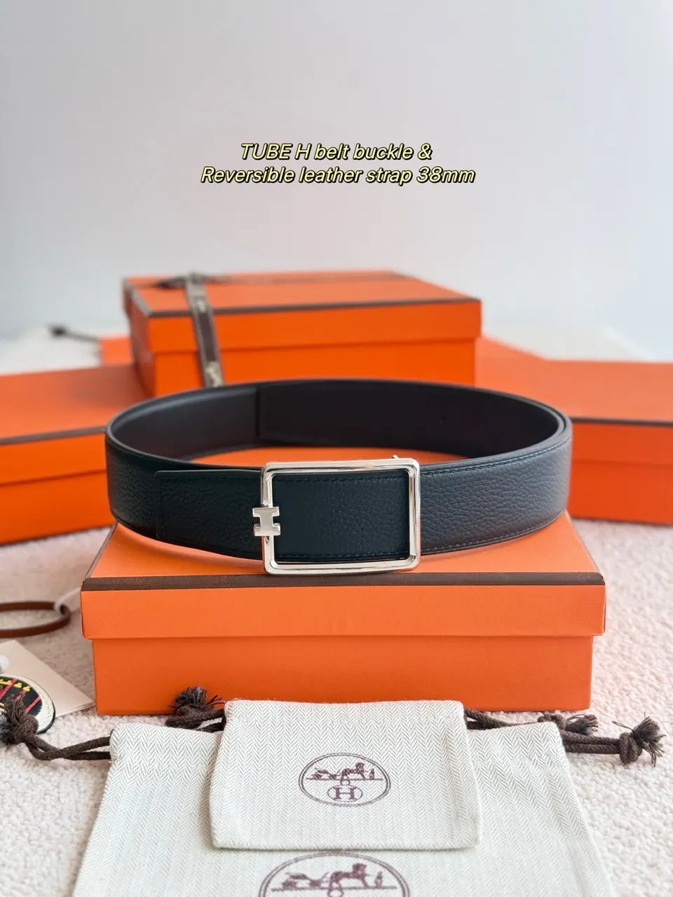 Hermes Black Leather Tube H Buckle Belt - Hình 2