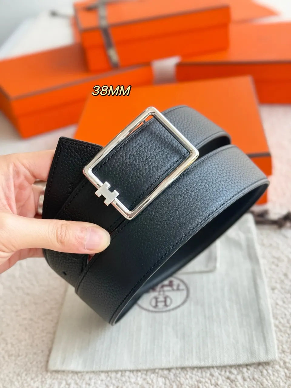 Hermes Black Leather Tube H Buckle Belt - Hình 3