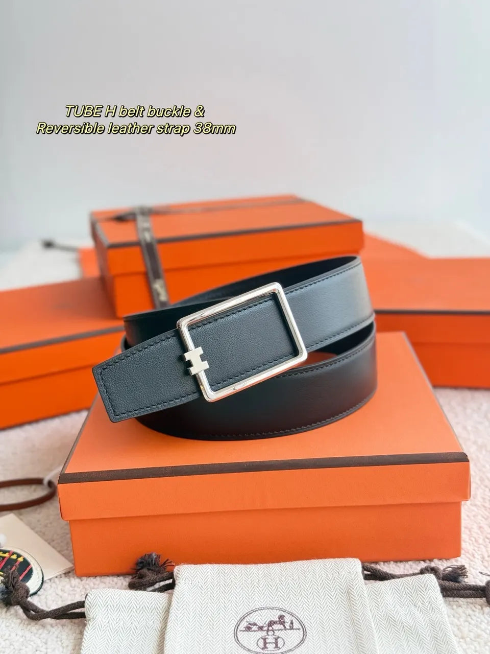 Hermes Black Leather Tube H Buckle Belt - Hình 4