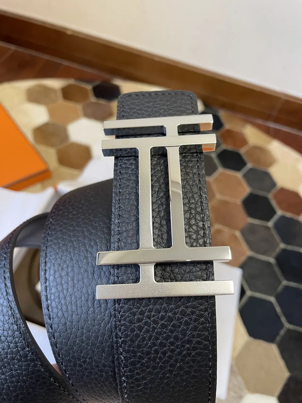 leather Hermes Black Textured Belt