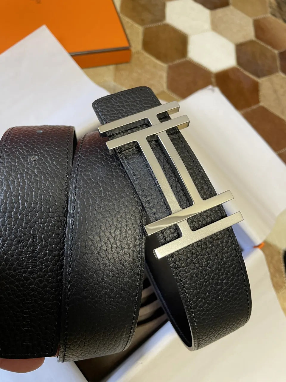 leather Hermes Black Textured Belt - Hình 2