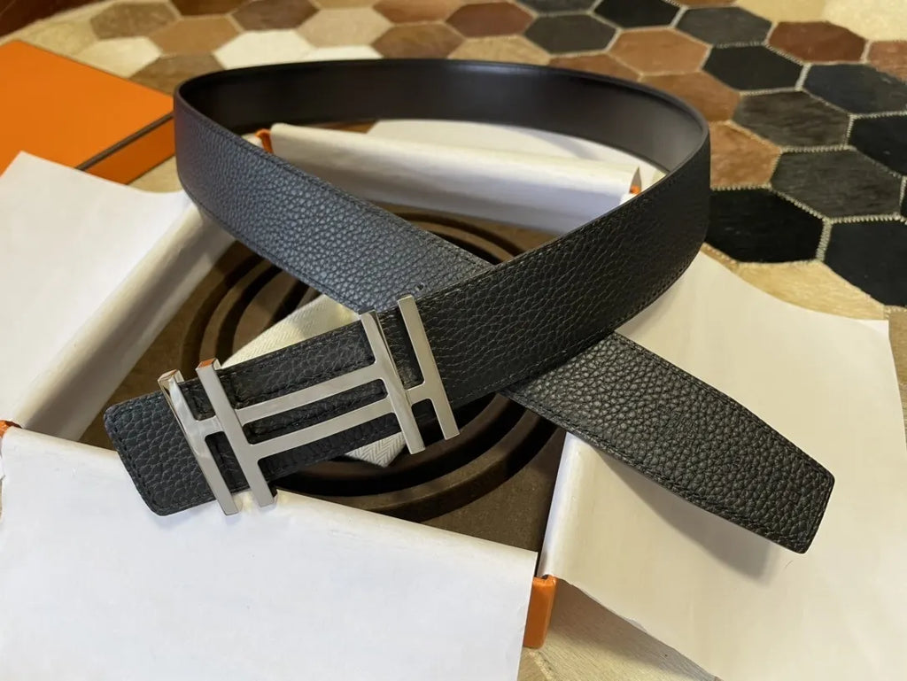 leather Hermes Black Textured Belt - Hình 3