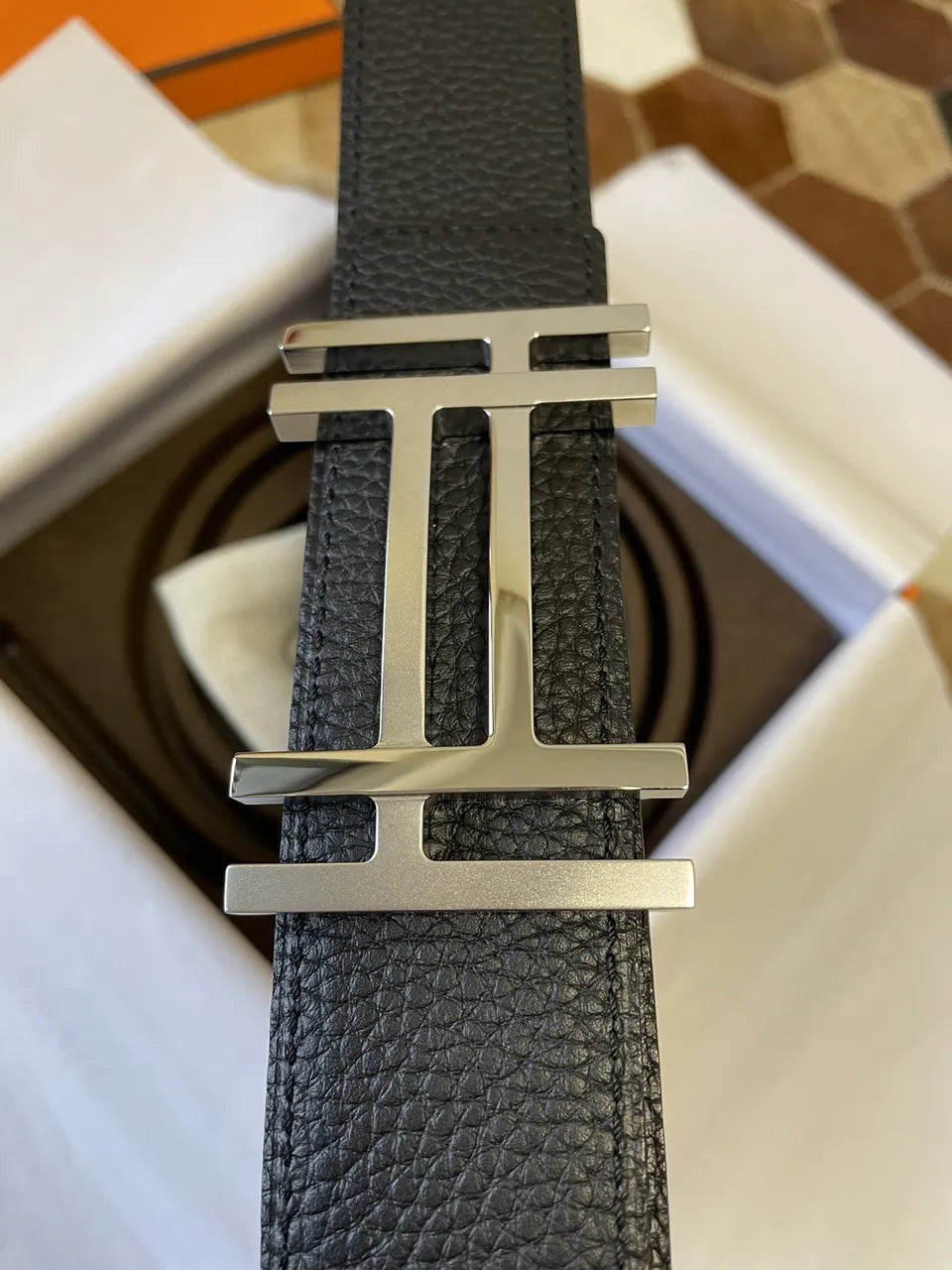 leather Hermes Black Textured Belt - Hình 4