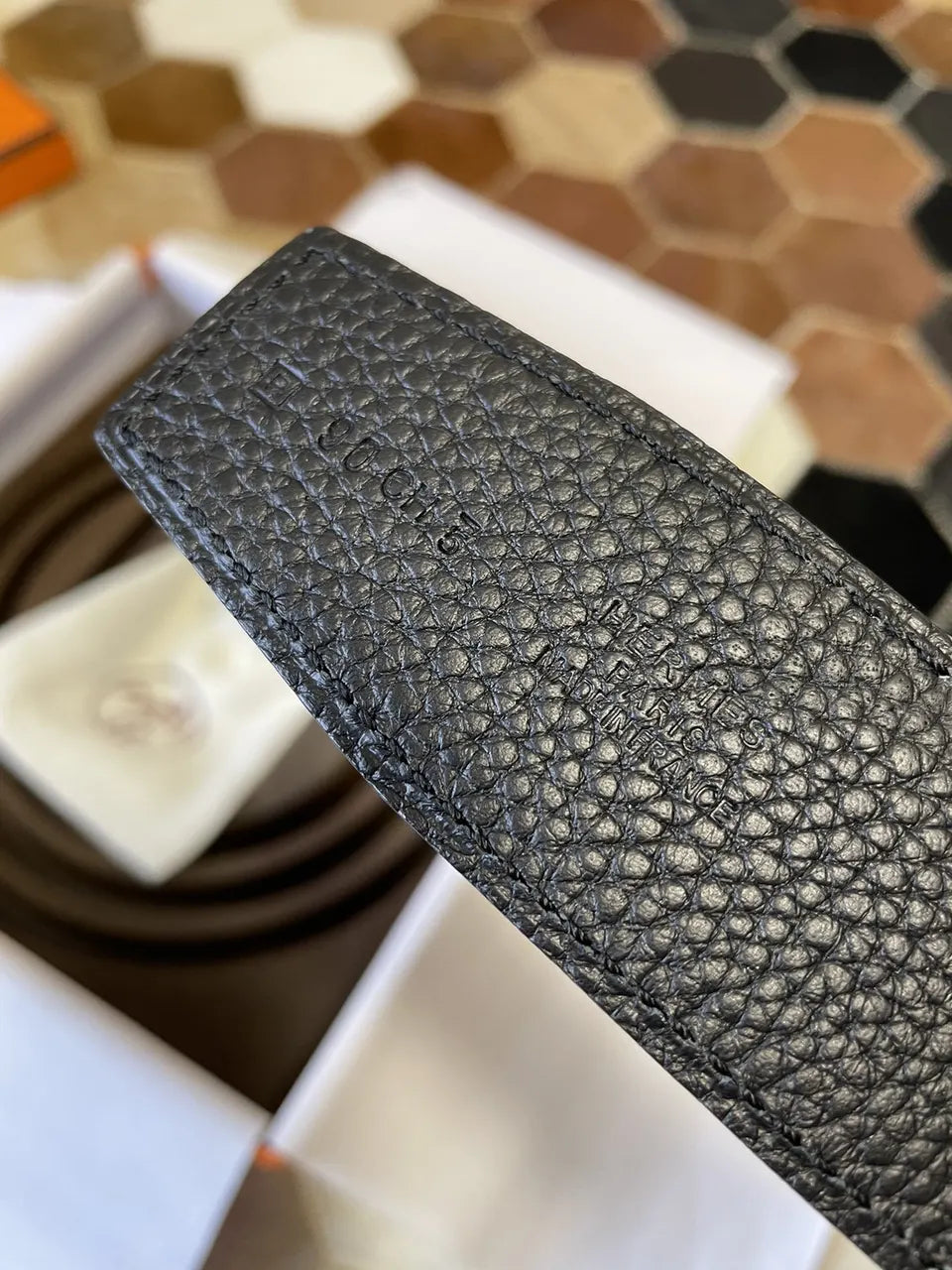 leather Hermes Black Textured Belt - Hình 5