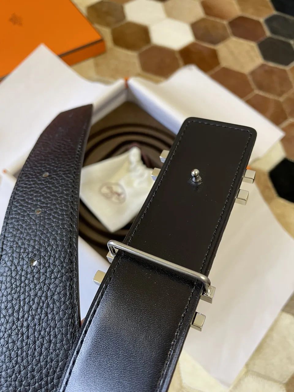leather Hermes Black Textured Belt - Hình 6