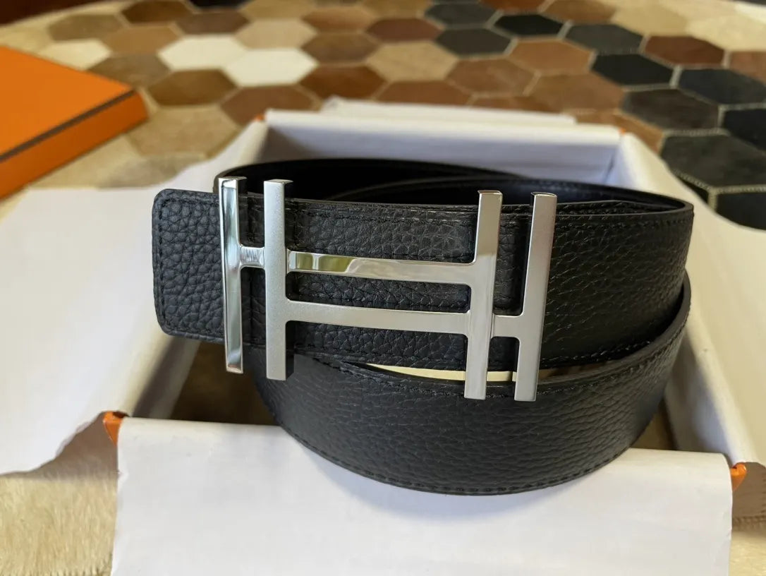 leather Hermes Black Textured Belt - Hình 7