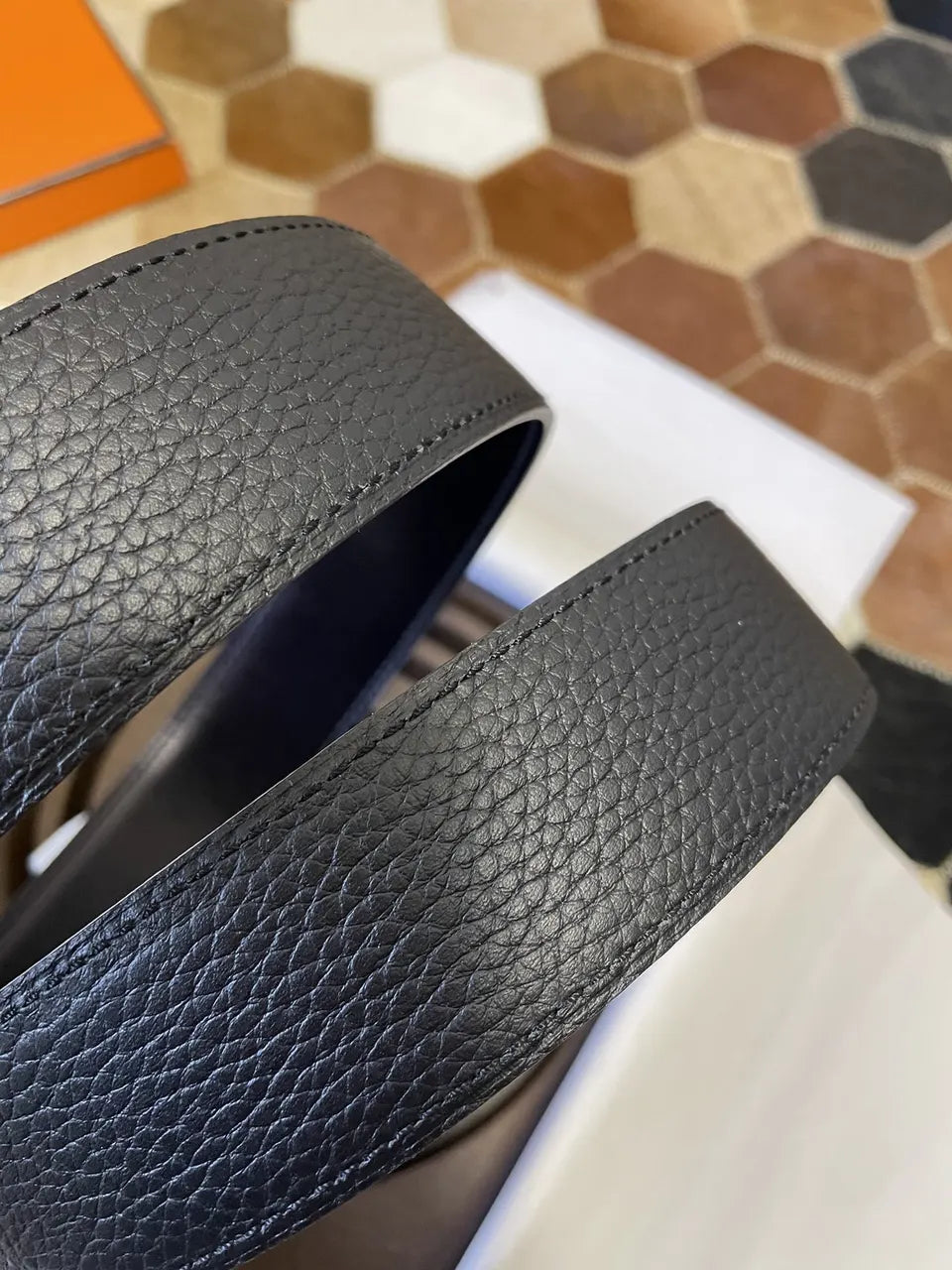 leather Hermes Black Textured Belt - Hình 8