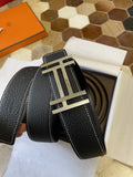 stitch Hermes Black Leather Belt Silver Buckle
