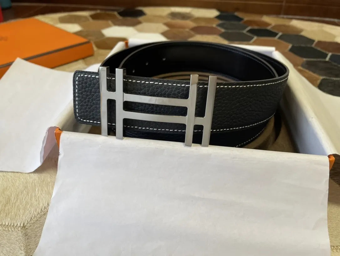 stitch Hermes Black Leather Belt Silver Buckle - Hình 2