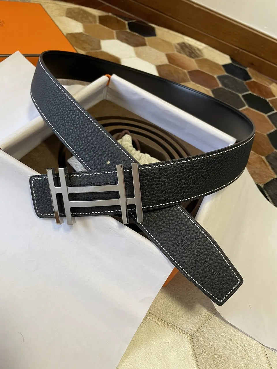 stitch Hermes Black Leather Belt Silver Buckle - Hình 3