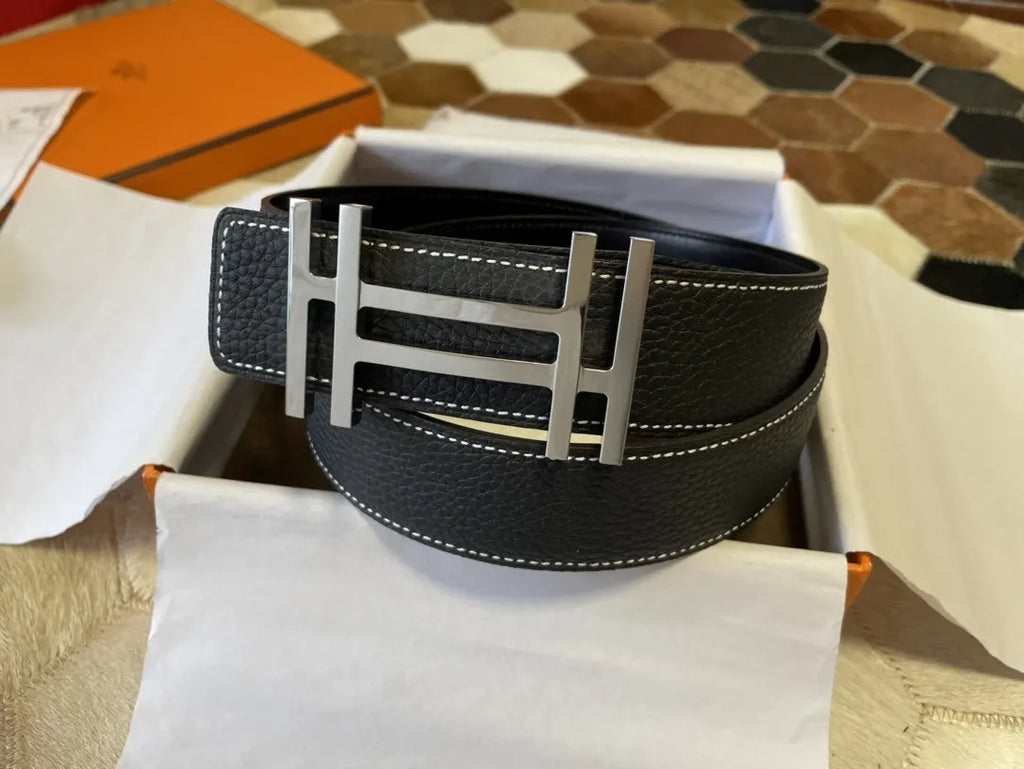 stitch Hermes Black Leather Belt Silver Buckle - Hình 4