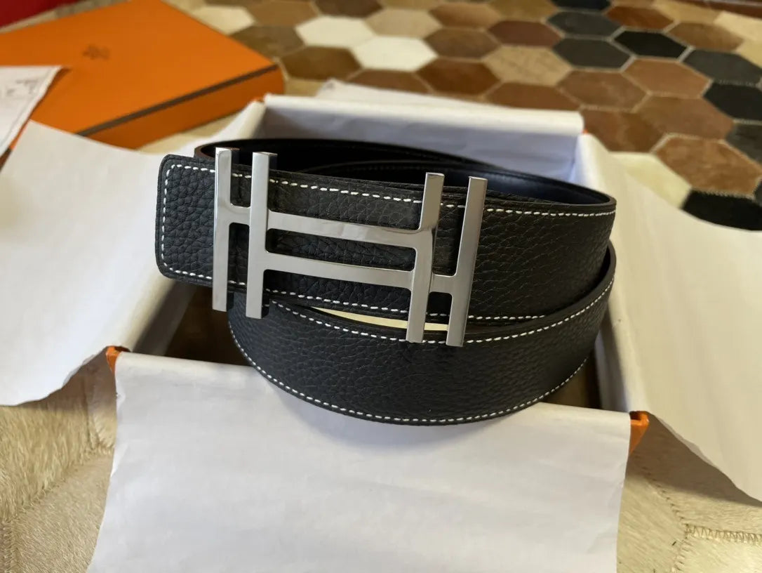 stitch Hermes Black Leather Belt Silver Buckle - Hình 4