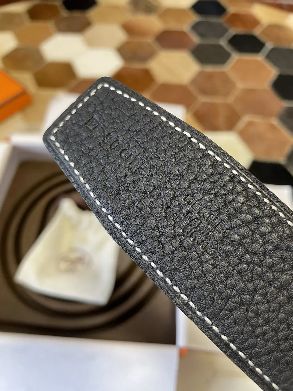 stitch Hermes Black Leather Belt Silver Buckle - Hình 5