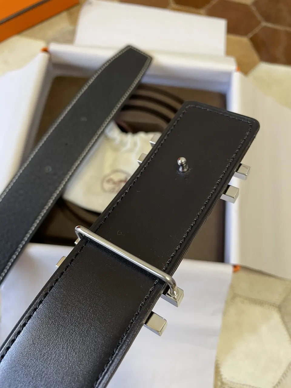 stitch Hermes Black Leather Belt Silver Buckle - Hình 6