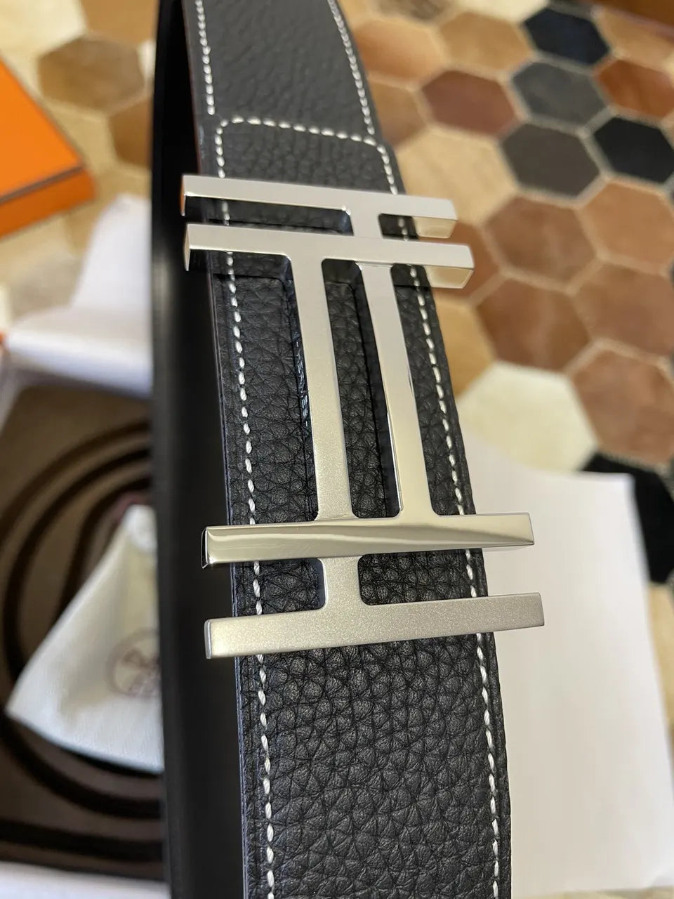 stitch Hermes Black Leather Belt Silver Buckle - Hình 7