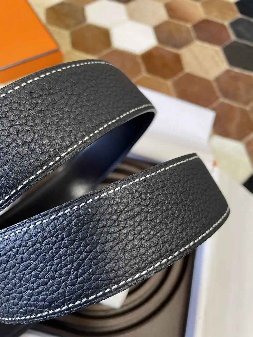 stitch Hermes Black Leather Belt Silver Buckle - Hình 8