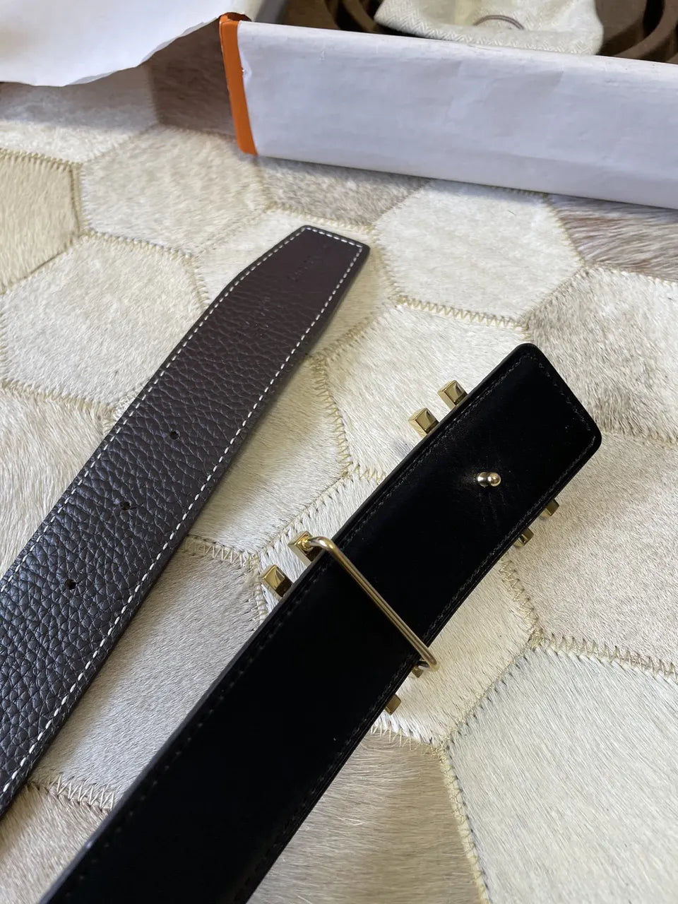 buckle Hermes Brown Leather Belt Gold - Hình 4