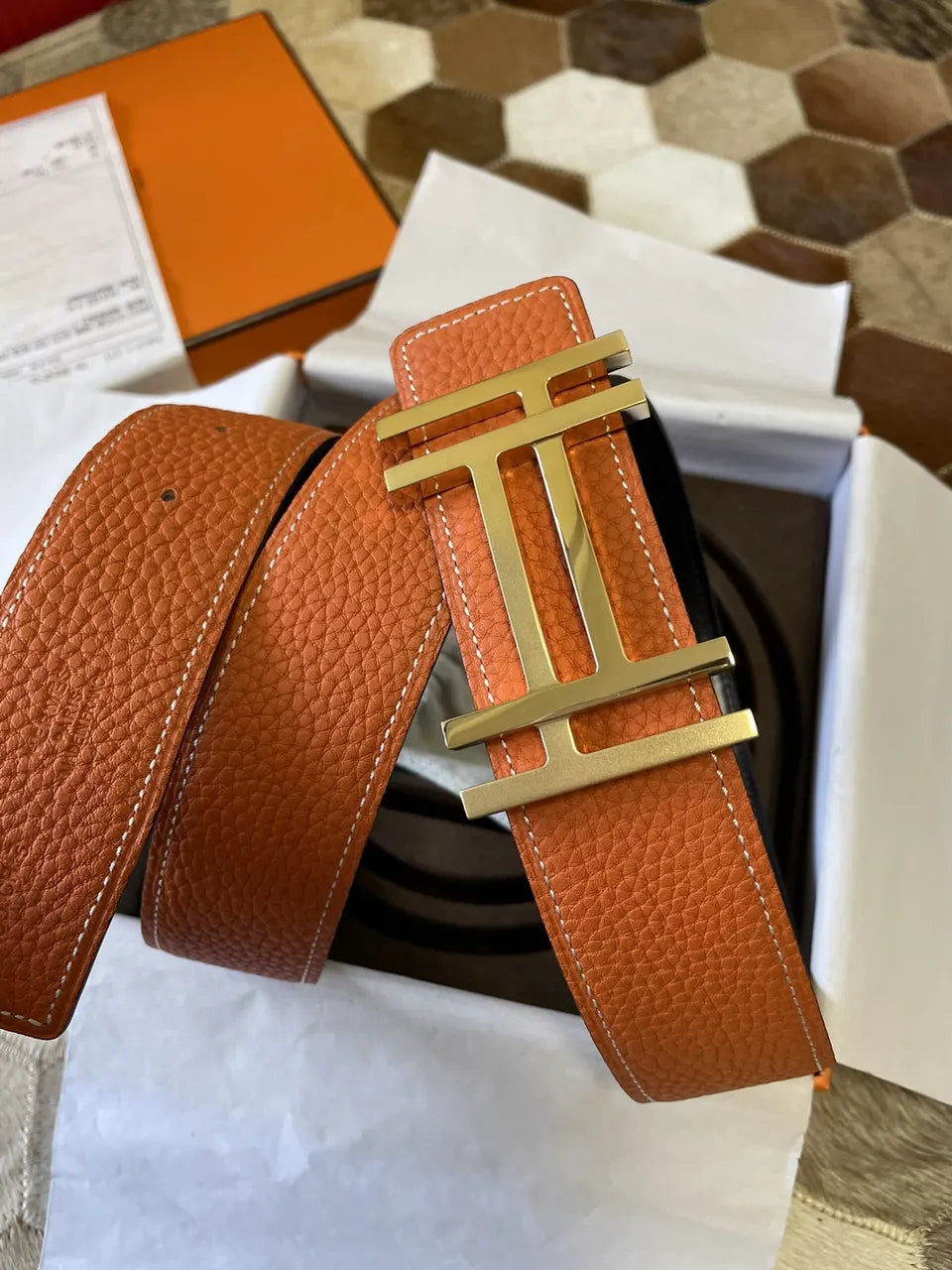 gold Hermes Tangerine Leather Belt - Hình 2