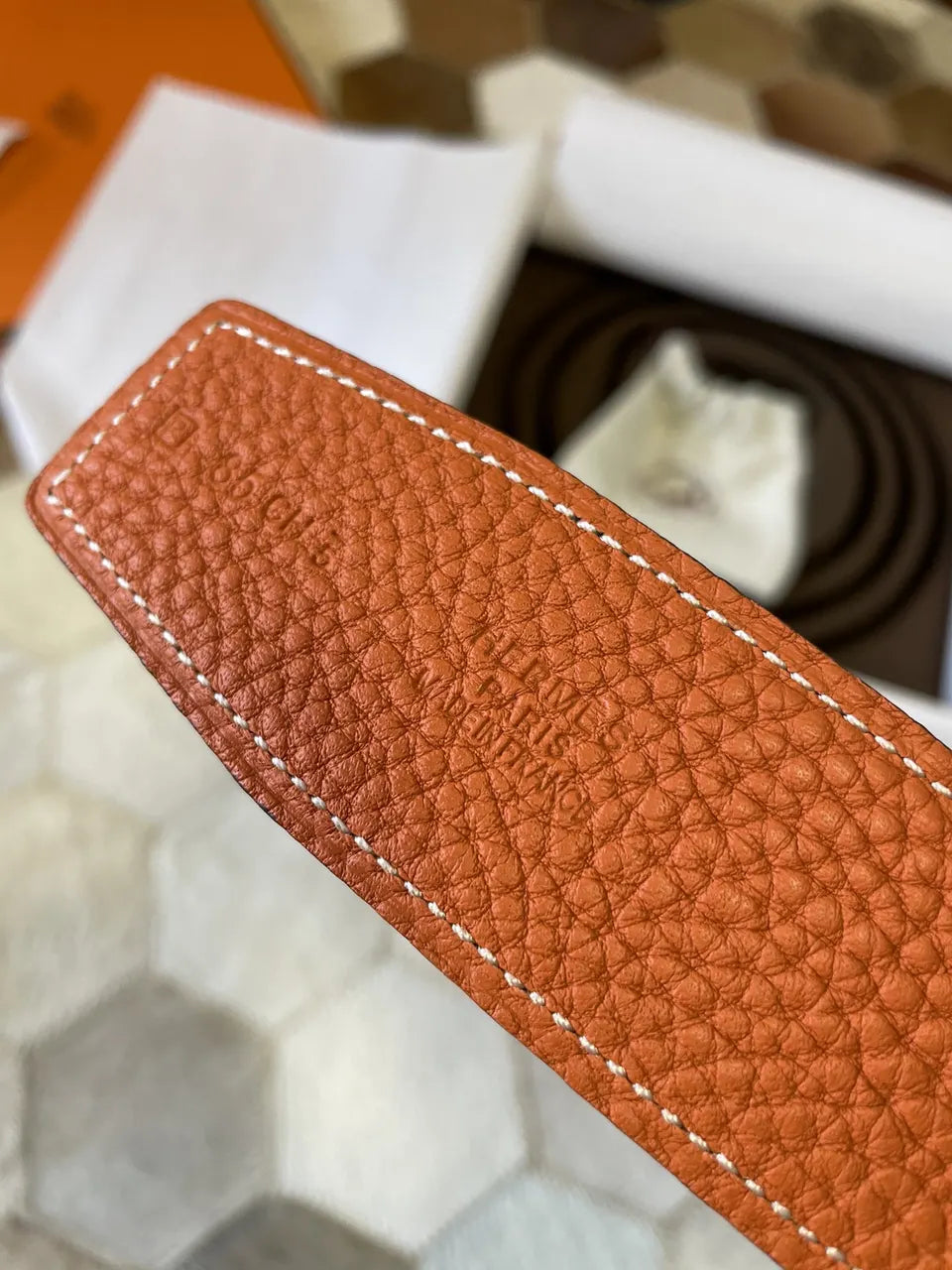 gold Hermes Tangerine Leather Belt - Hình 3