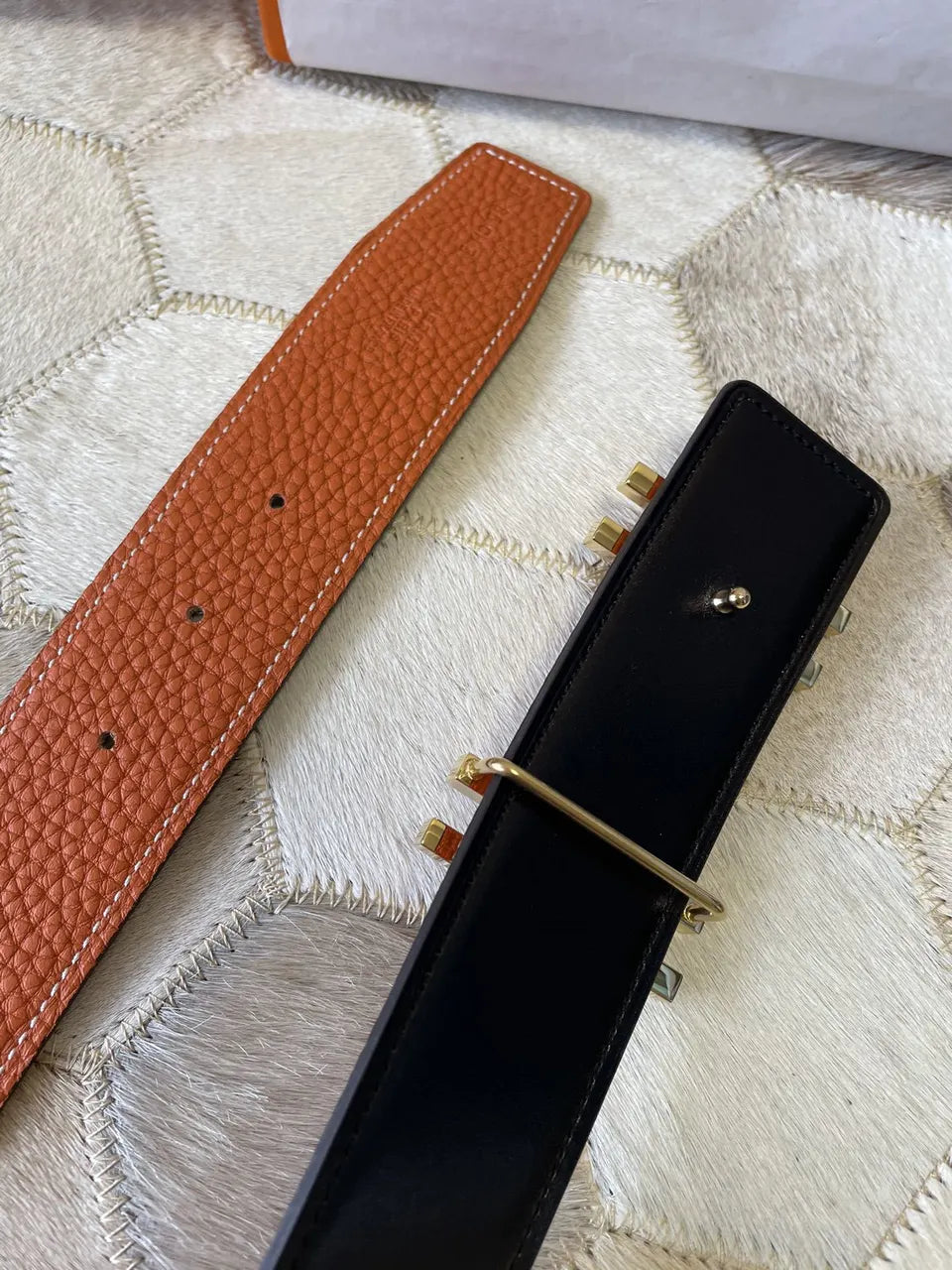 gold Hermes Tangerine Leather Belt - Hình 4