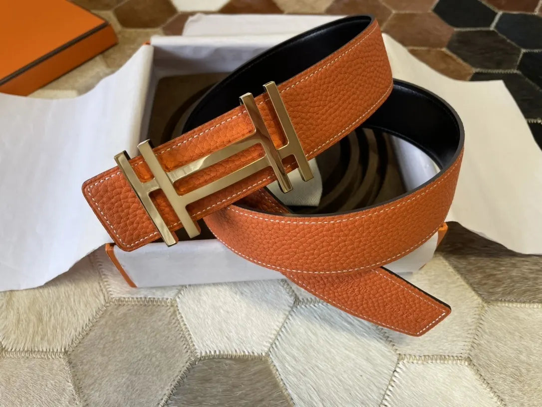 gold Hermes Tangerine Leather Belt - Hình 6