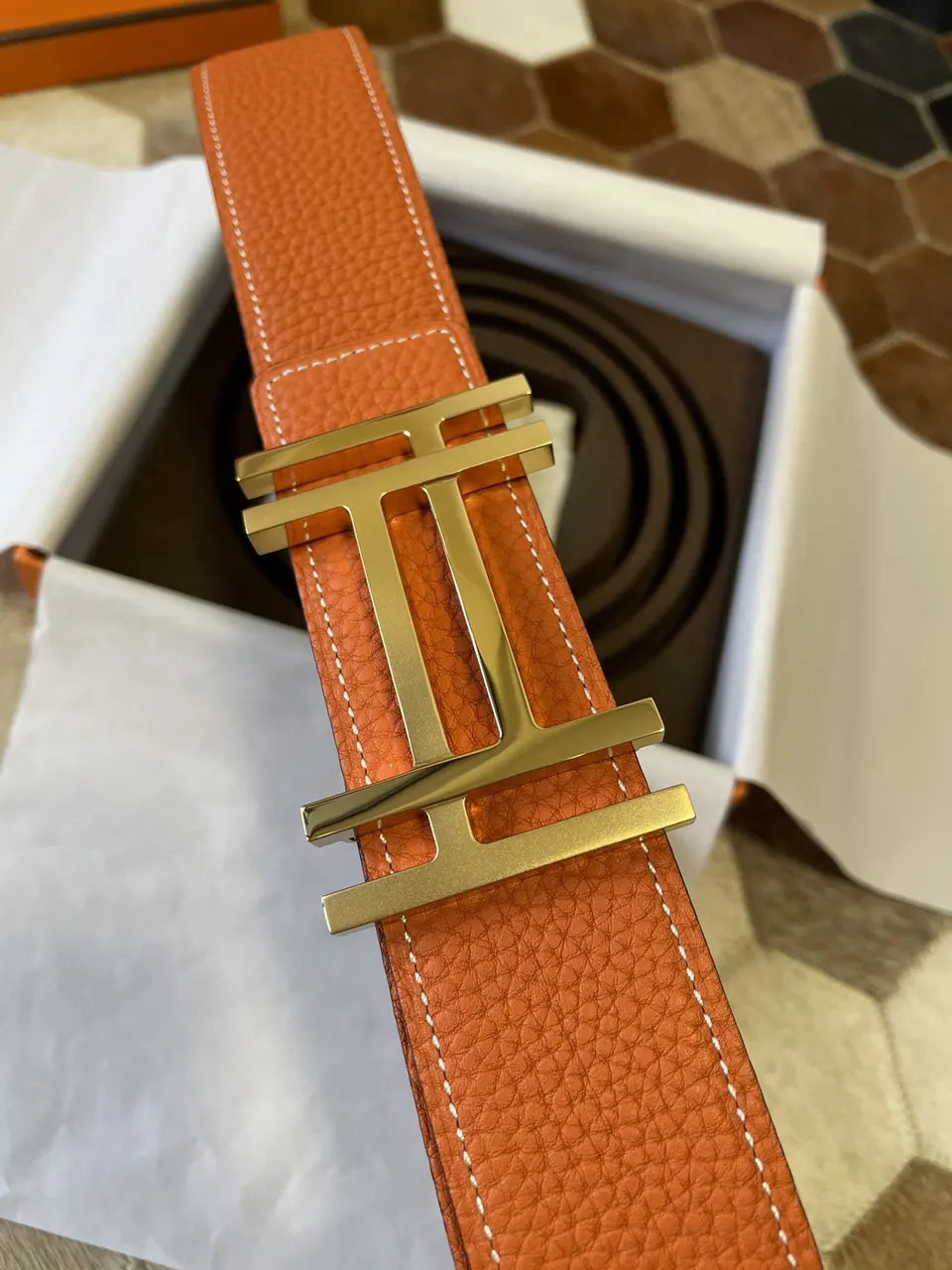 gold Hermes Tangerine Leather Belt - Hình 7