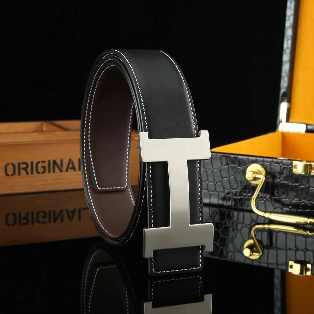 black Hermes Reversible Silver Buckle Belt - Hình 2