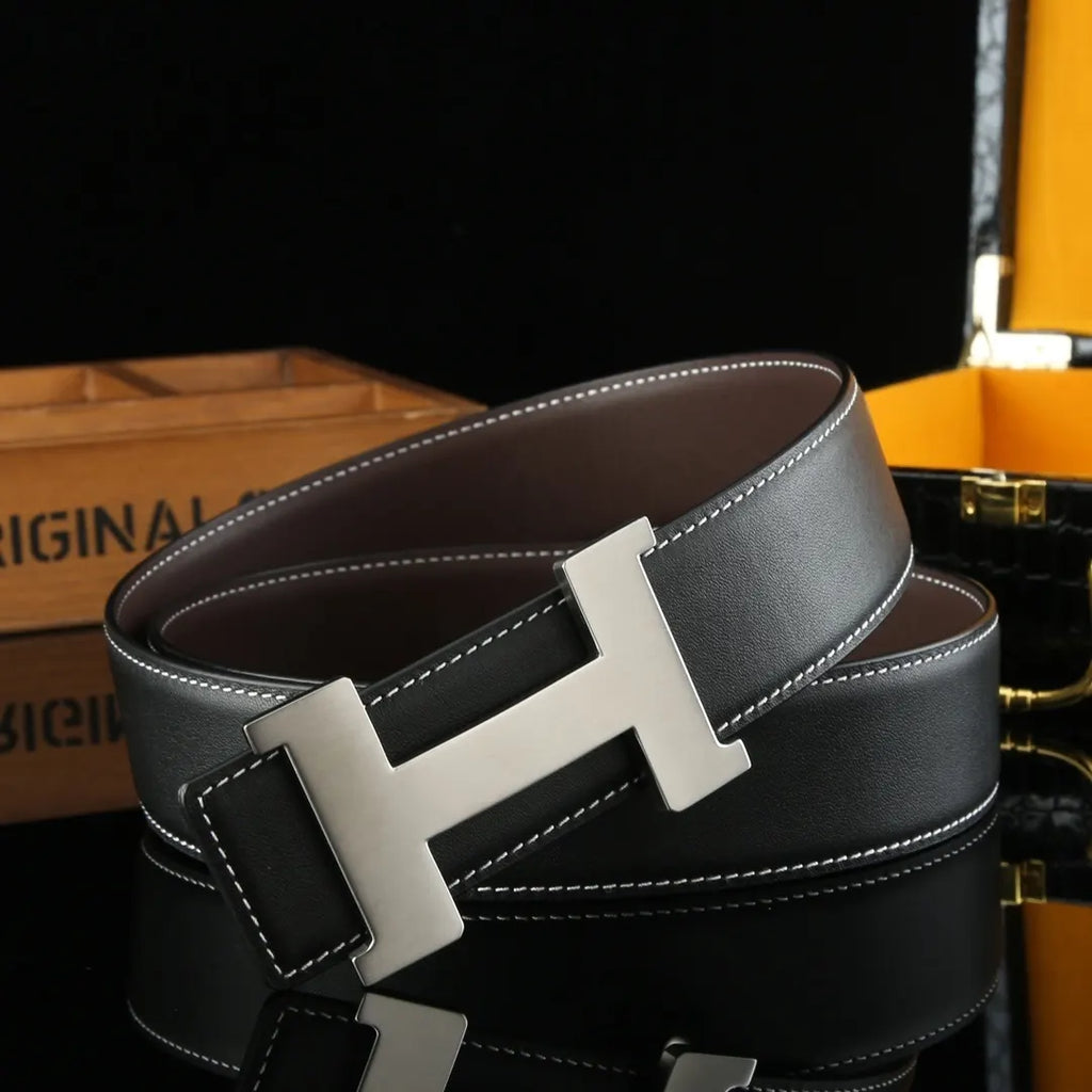 black Hermes Reversible Silver Buckle Belt - Hình 4