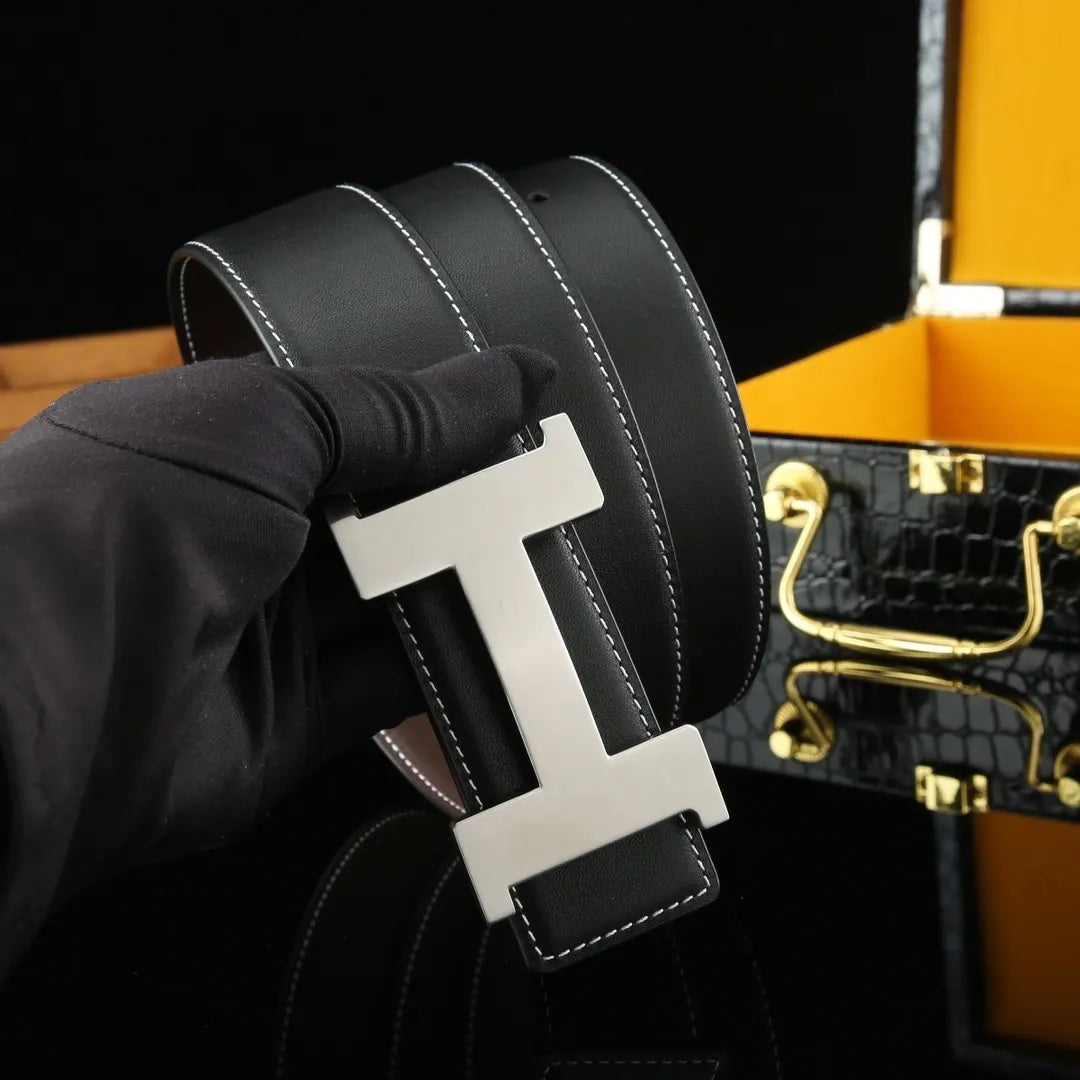 black Hermes Reversible Silver Buckle Belt - Hình 5