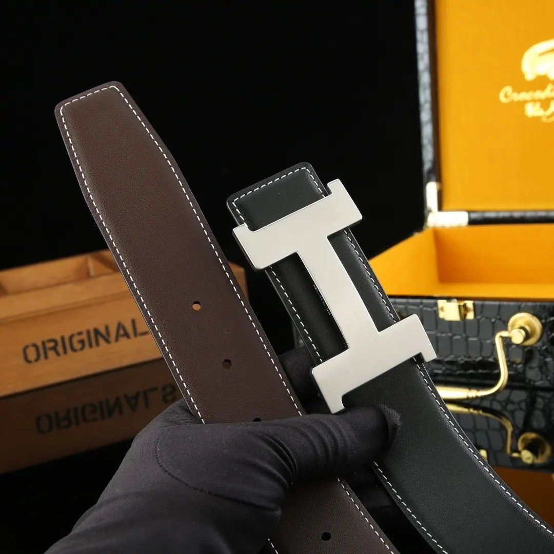 black Hermes Reversible Silver Buckle Belt - Hình 6