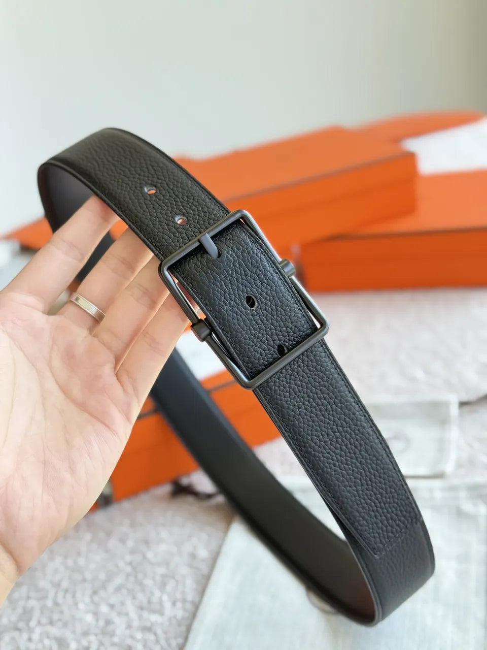 leather Hermes Matte Black Belt - Hình 2