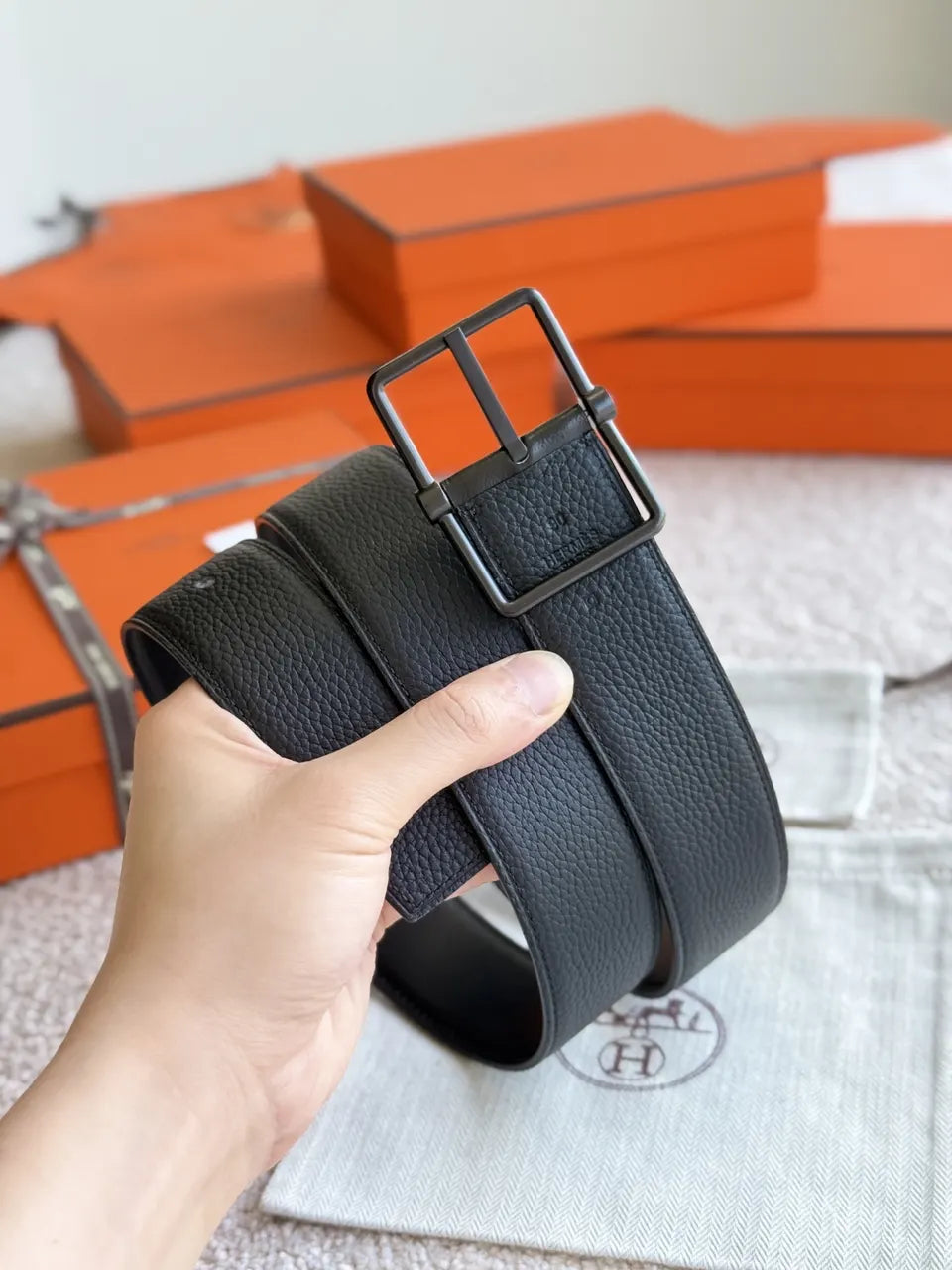 leather Hermes Matte Black Belt - Hình 3