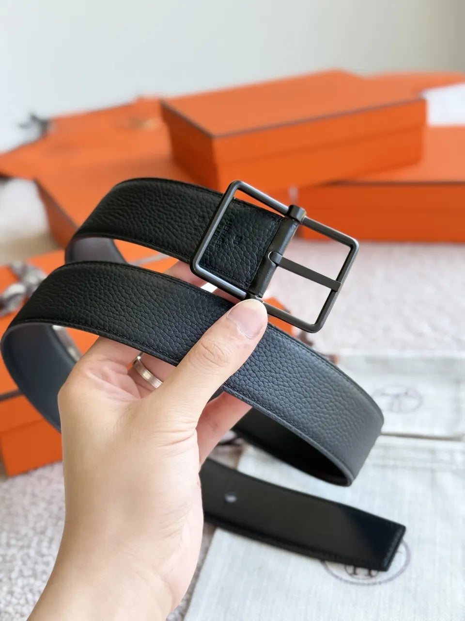 leather Hermes Matte Black Belt - Hình 4