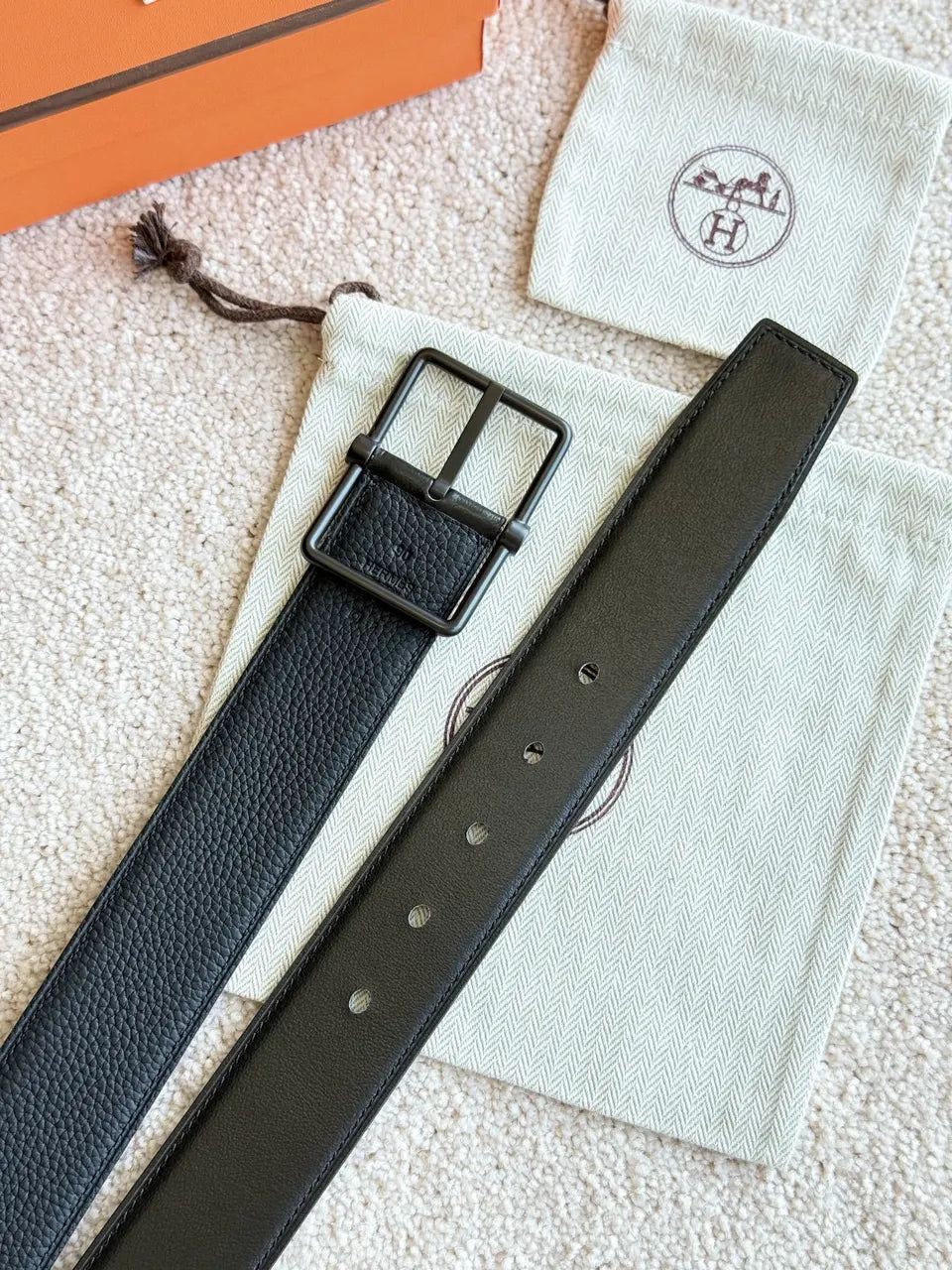 leather Hermes Matte Black Belt - Hình 5