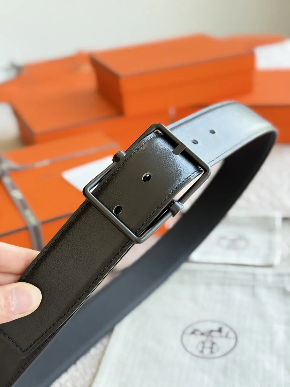 leather Hermes Matte Black Belt - Hình 6