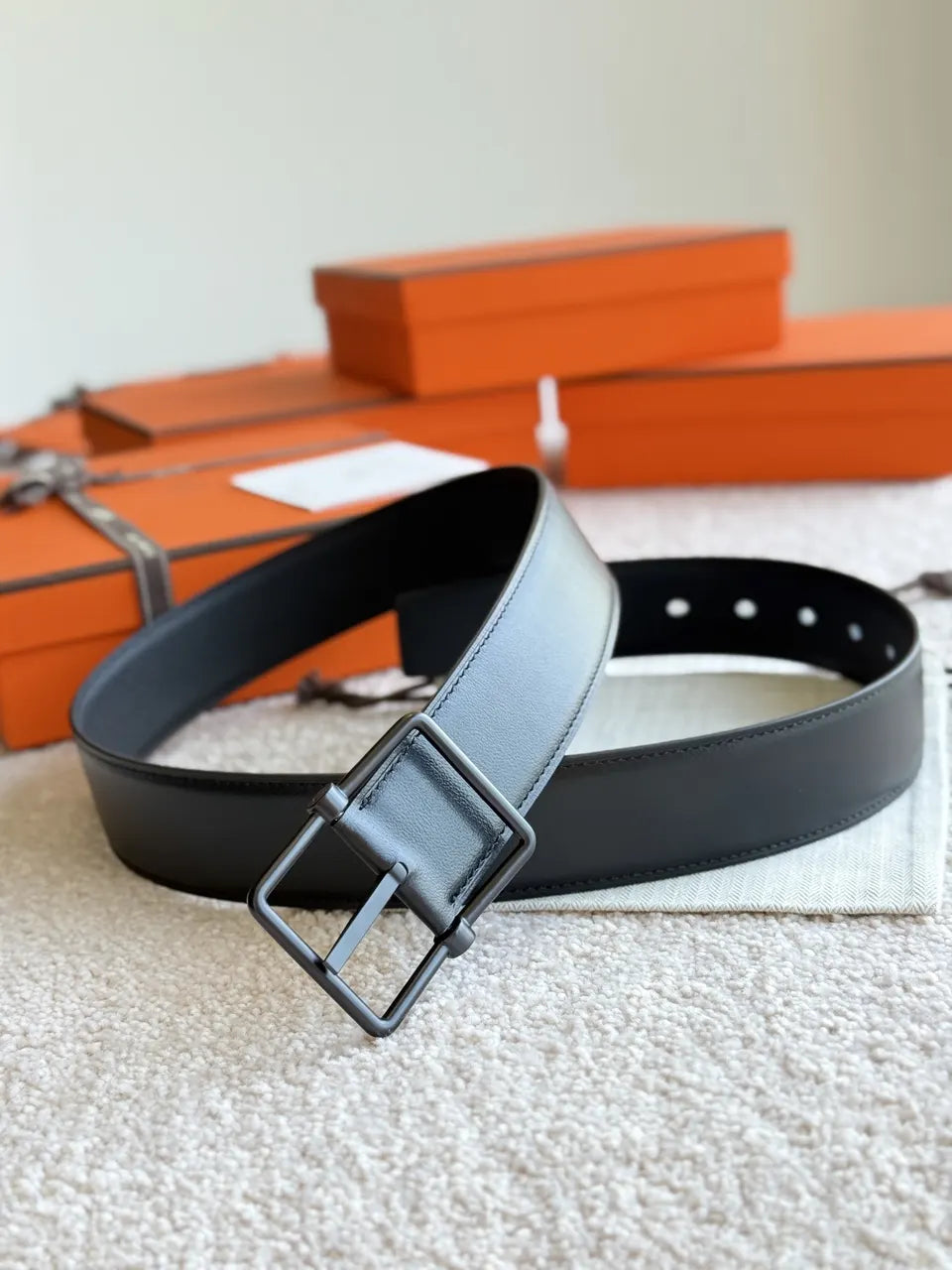 leather Hermes Matte Black Belt - Hình 7