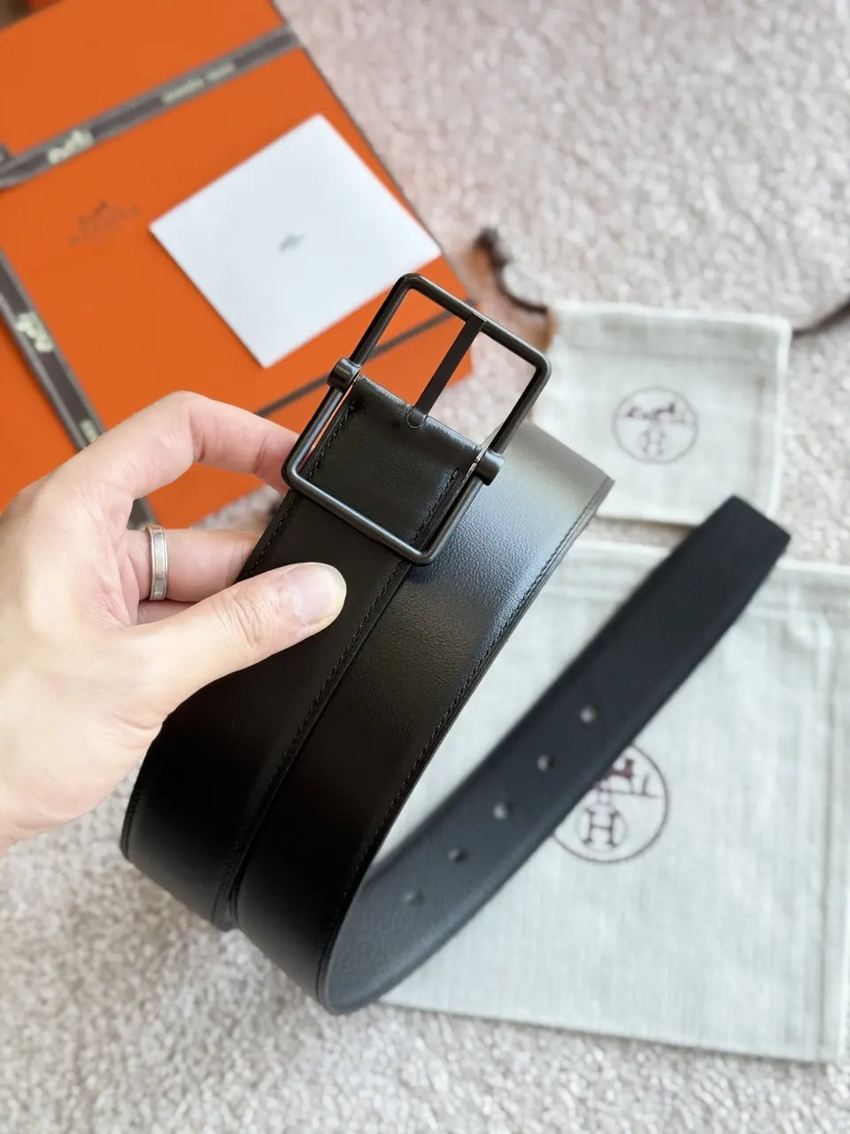 leather Hermes Matte Black Belt - Hình 8