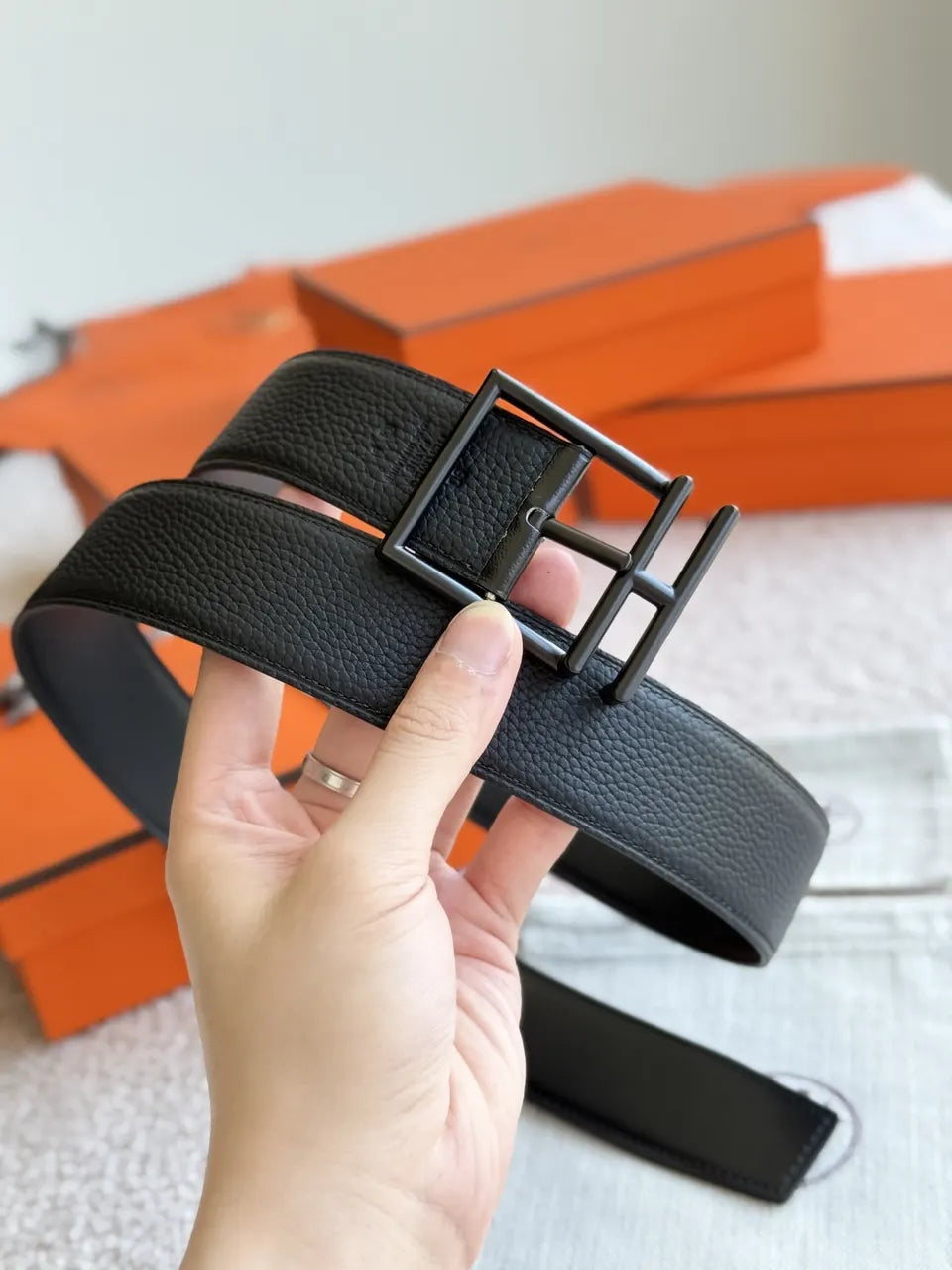 Hermes Matte Black Leather Belt buckle - Hình 4