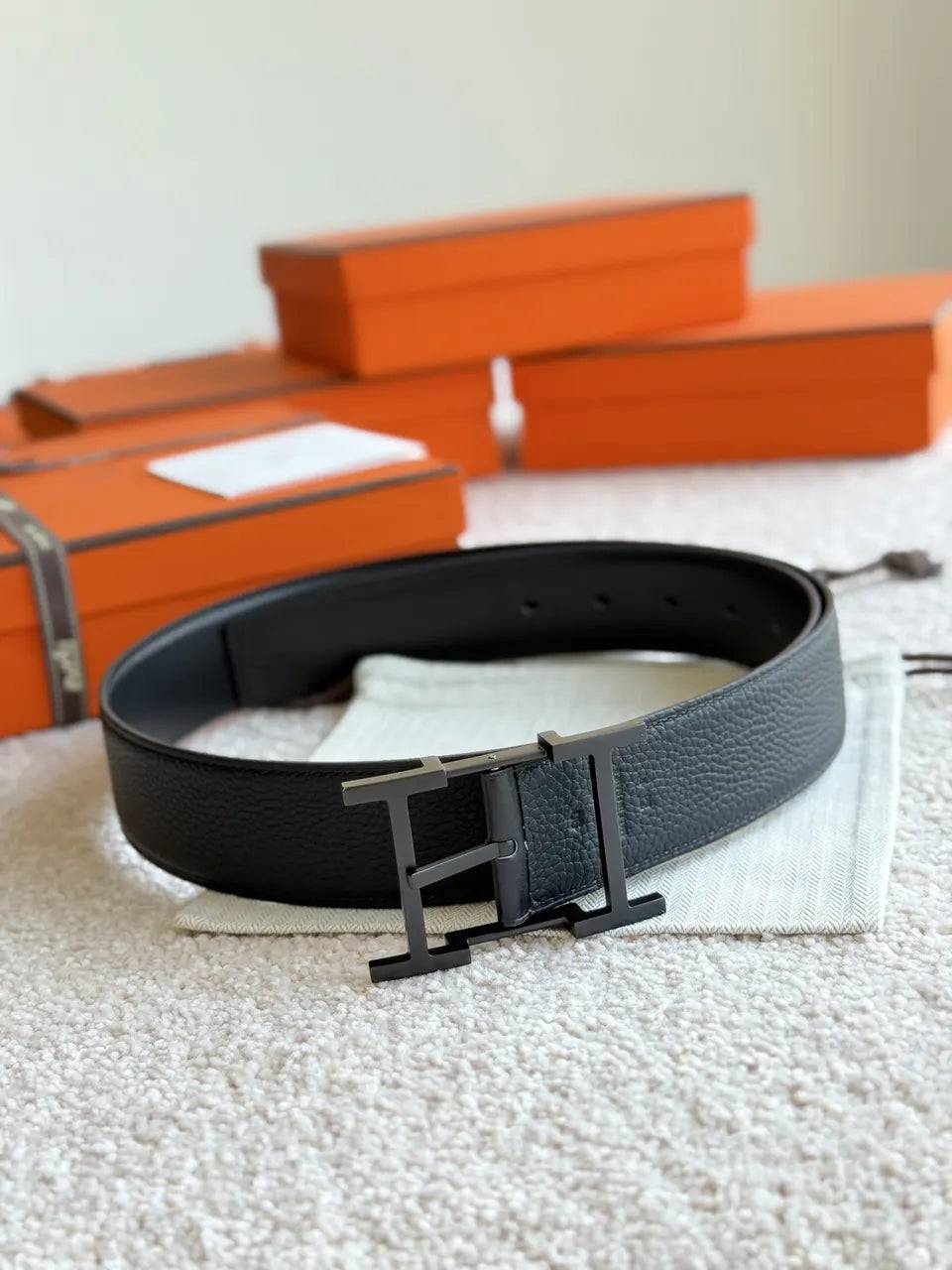 palladium Hermes Matte Black Leather Belt
