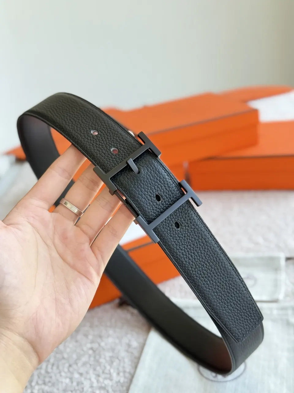 palladium Hermes Matte Black Leather Belt - Hình 2