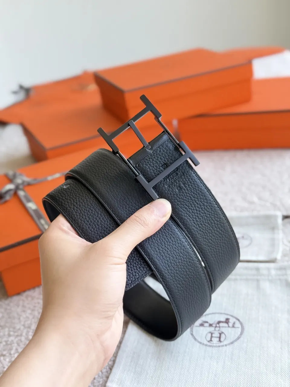 palladium Hermes Matte Black Leather Belt - Hình 3