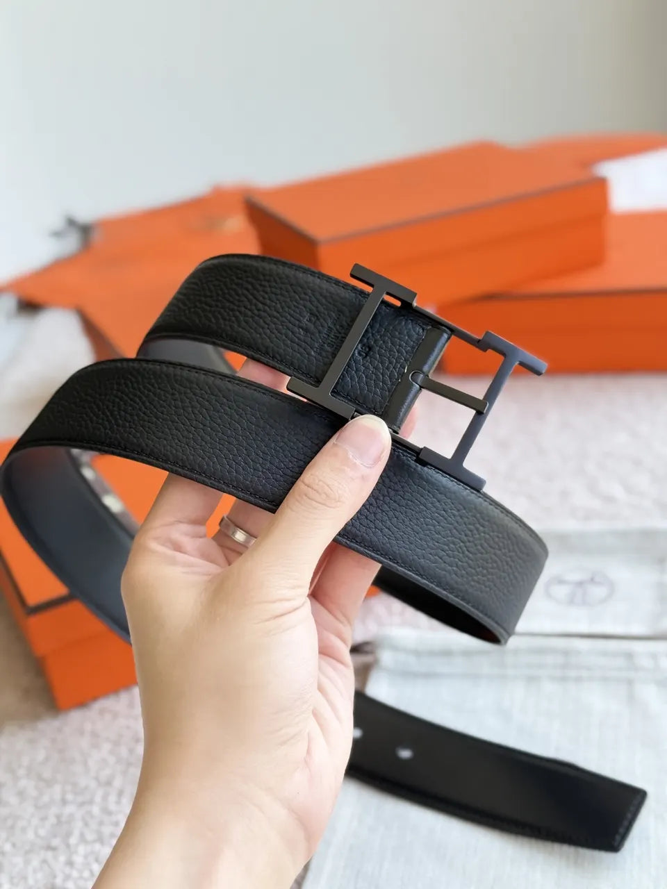 palladium Hermes Matte Black Leather Belt - Hình 4