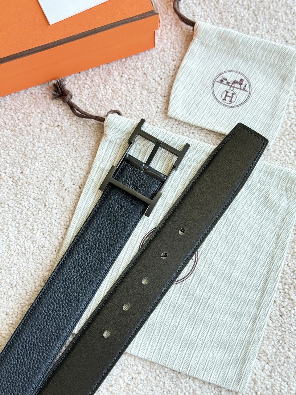 palladium Hermes Matte Black Leather Belt - Hình 5