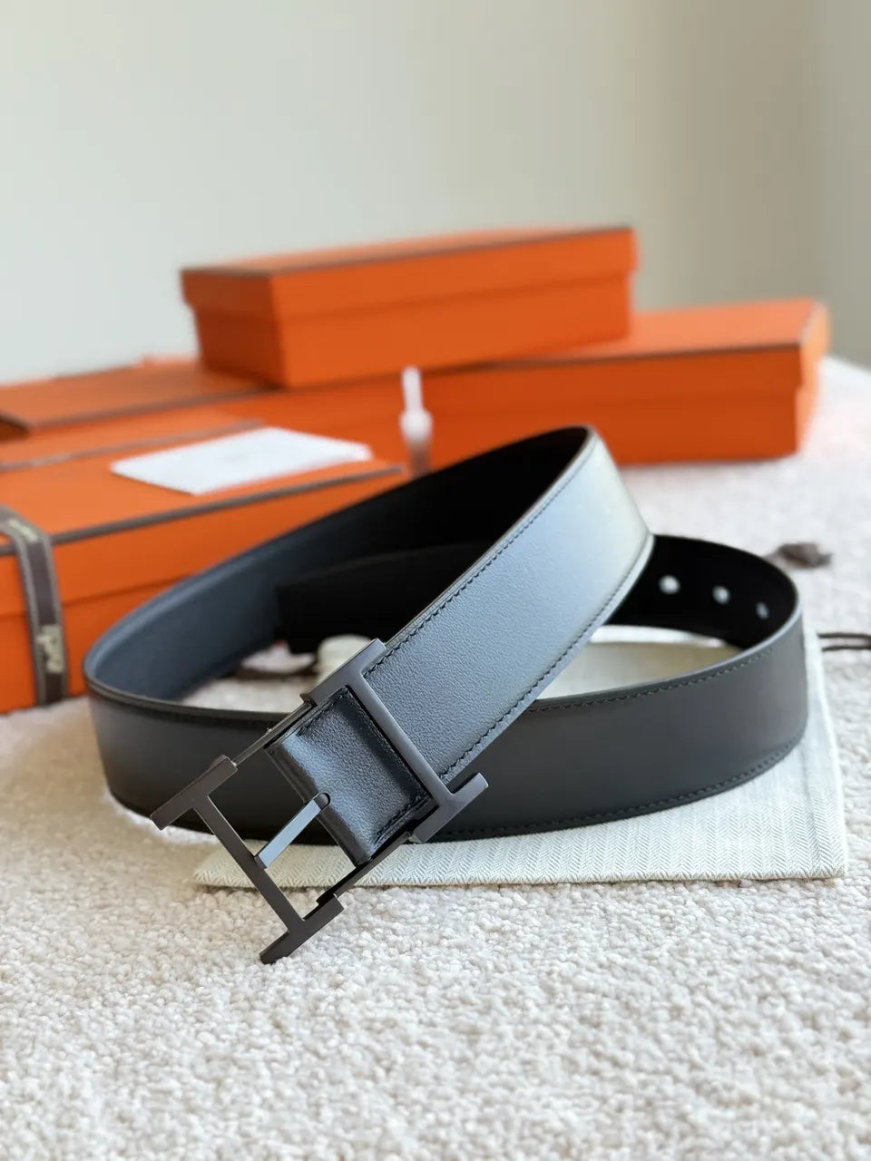 palladium Hermes Matte Black Leather Belt - Hình 6