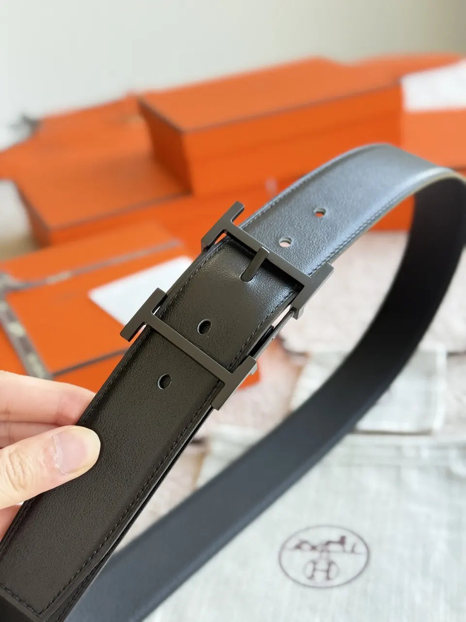 palladium Hermes Matte Black Leather Belt - Hình 7