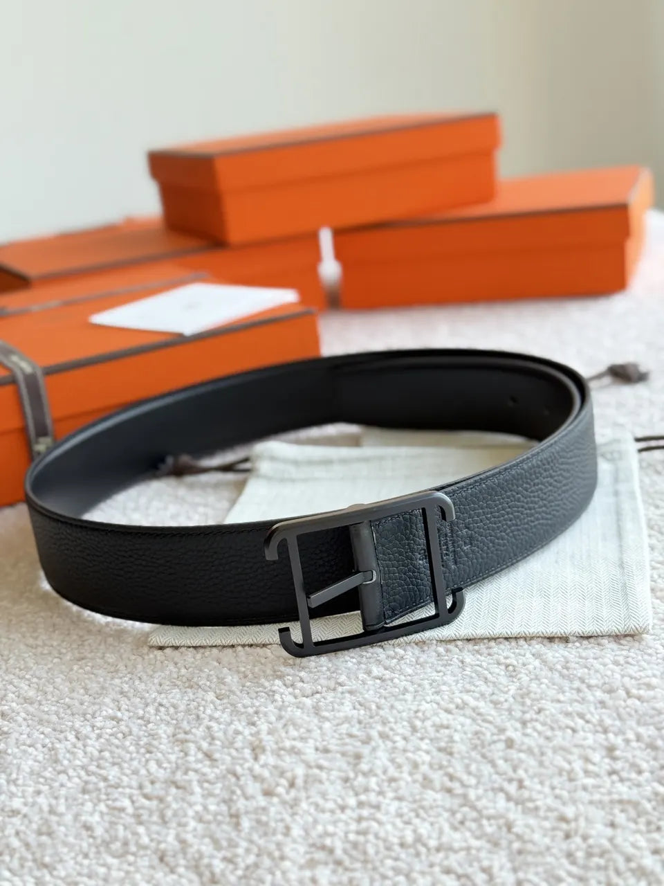 palladium Hermes Matte Black Leather Belt
