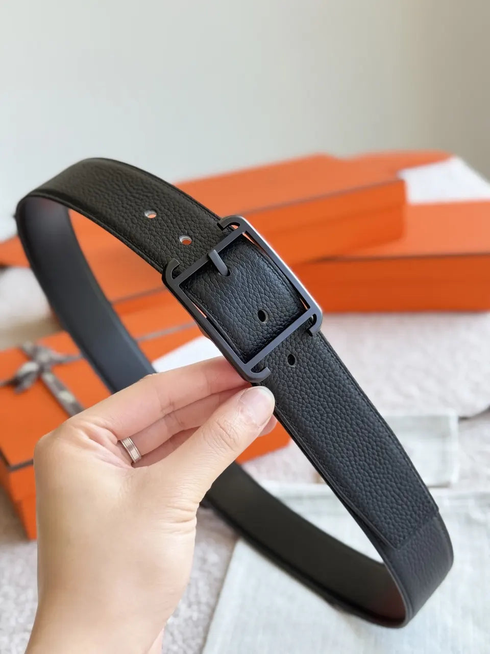 palladium Hermes Matte Black Leather Belt - Hình 2